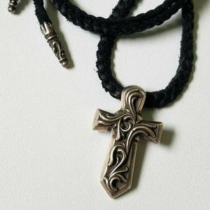Auth CHROME HEARTS Vulcan Cross w leather necklace